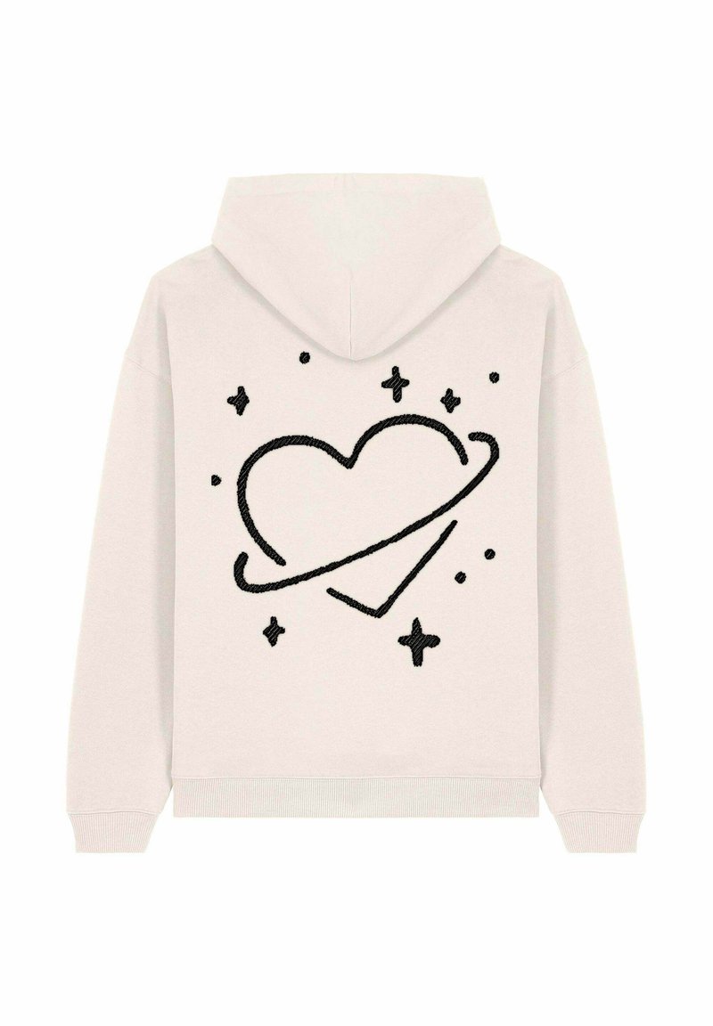 Felpa beige chiaro con tasca frontale, con un cuore ricamato nero con un anello e stelle sul retro. Tessuto morbido e cappuccio con cordino.