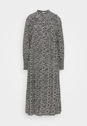 Langes schwarzes Kleid mit weißem Blumenmuster, hohem Ausschnitt, langen Ärmeln, vorne mit Knöpfen und tailliertem Schnitt.