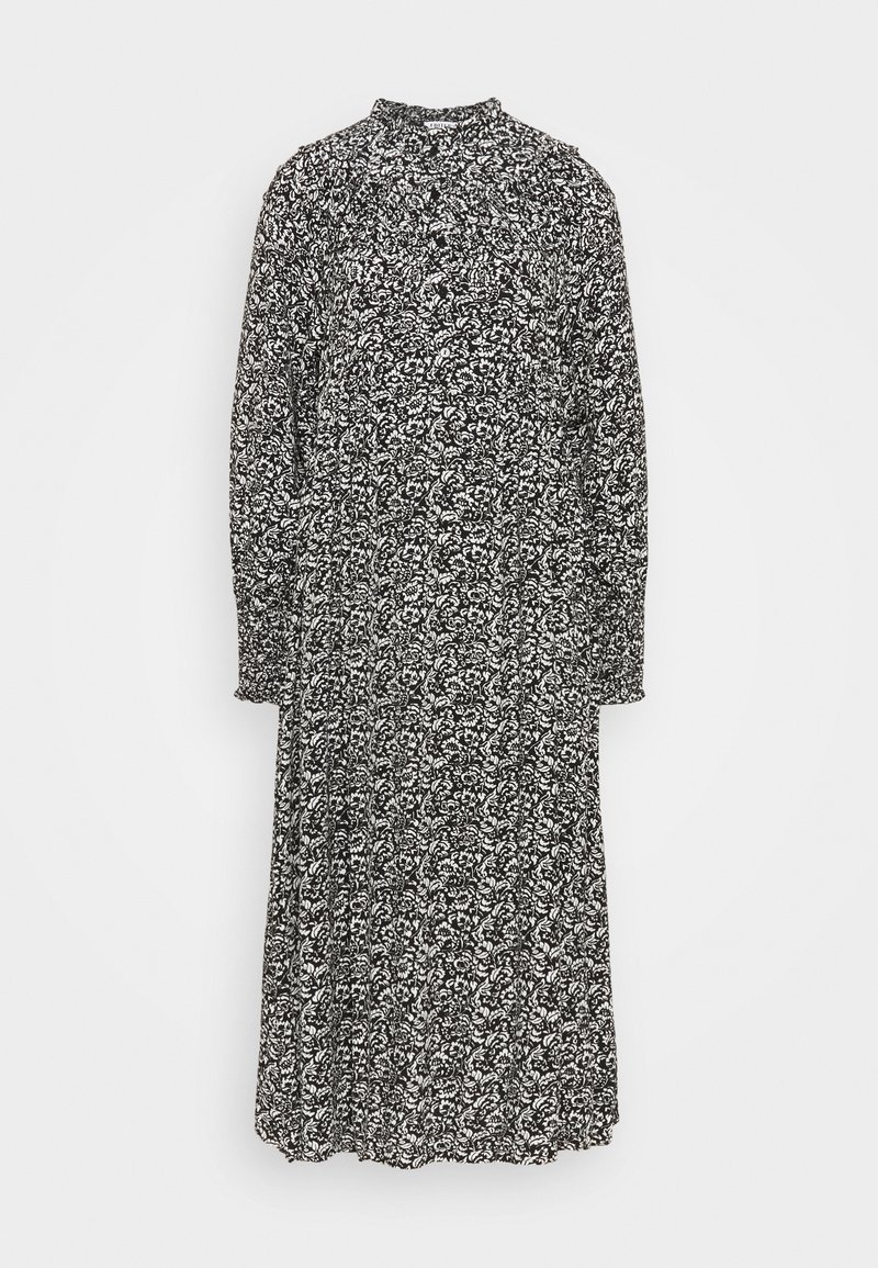 Robe longue noire avec motif floral blanc, col montant, manches longues, devant boutonné et taille froncée.
