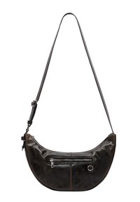 Czarna skórzana torba na ramię o zaokrąglonym kształcie, wyposażona w przednią kieszeń na zamek oraz płaski, regulowany pasek. Gładka faktura z delikatnymi detalami.