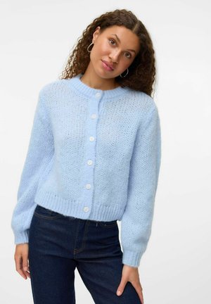 Light blue knitted cardigan with a round neckline, long sleeves, and button closure, featuring a loose fit and soft, fluffy texture.