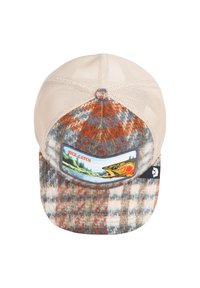 Plaid cap with a beige mesh back, featuring a colorful fish graphic patch labeled "NICE CATCH." Textured fabric in brown, blue, and cream.