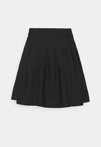 Černá plisovaná sukně s hladkou texturou látky, elastickým pasem a rozšířeným tvarem, vhodná pro neformální i formální nošení.