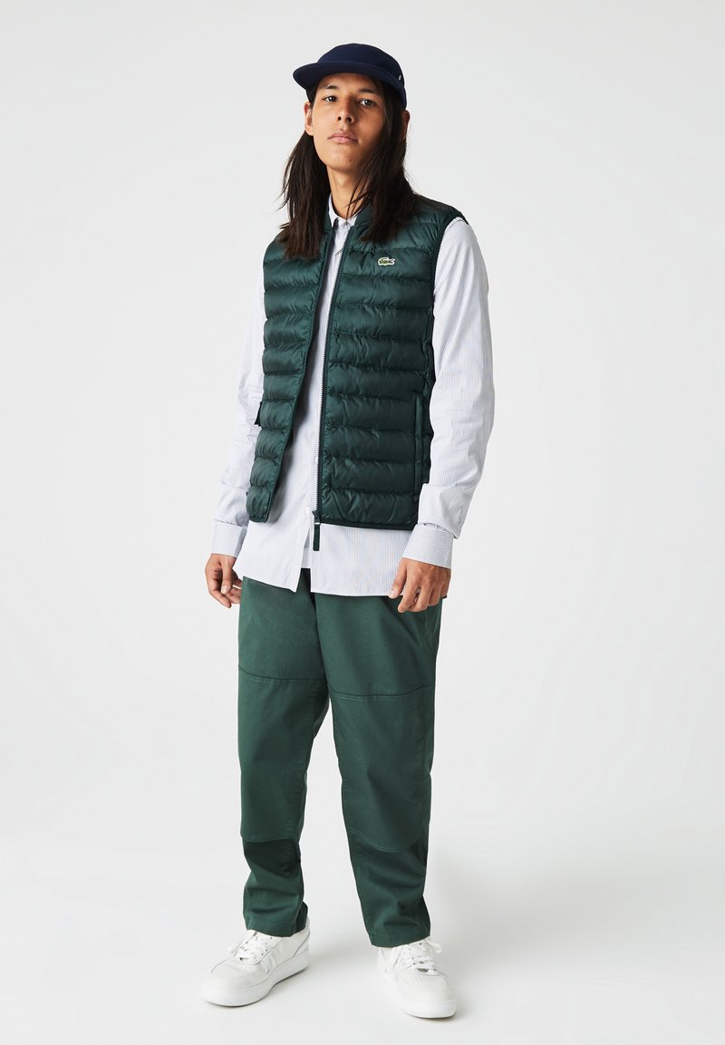 Chaleco acolchado verde oscuro, camisa de manga larga a rayas, pantalones verdes y zapatillas blancas. El chaleco cuenta con un cierre de cremallera y un logo en el pecho.