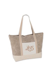 Grande bolsa tote beige con una tela texturizada, base crema con rayas y un panel frontal que lleva la marca "LOIS" en letras rosas.