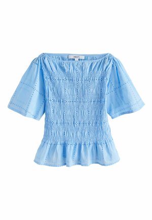Hellblaues Schulterfreies Oberteil mit kurzen, aufgeblähten Ärmeln. Verfügt über eine geraffte Textur, bestickte Details und einen ausgestellten Schößchen-Saum.
