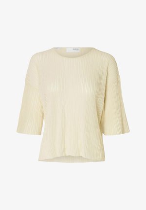 Kremfarget kortermet topp med teksturert ribbestrikket design og rund halslinning; avslappet passform med en lett cropped kant.