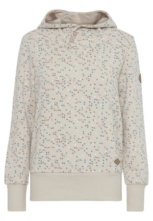 Beige hooded sweatshirt with multicolored dots in blue, brown, and white. Features buttons at the neck and ribbed cuffs and hem.