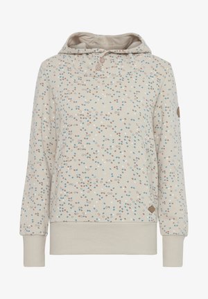 Sweatshirt beige à capuche avec des points multicolores en bleu, marron et blanc. Présente des boutons au niveau du cou et des poignets et ourlet côtelés.