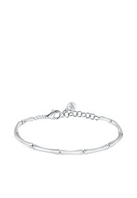 Bracciale in argento con anelli allungati e cilindrici dal finish liscio. Include una chiusura a moschettone e una catena regolabile.