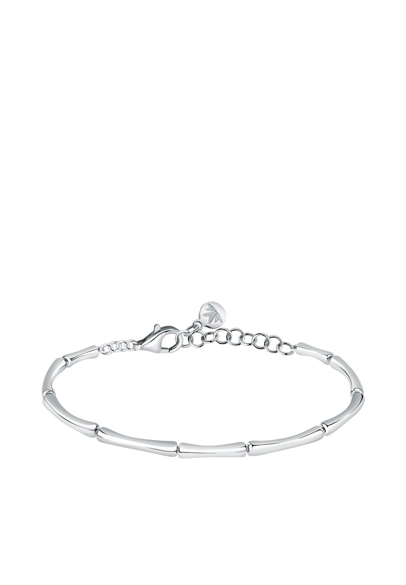 Bracciale in argento con anelli allungati e cilindrici dal finish liscio. Include una chiusura a moschettone e una catena regolabile.