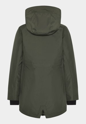 Olivgrüne wasserdichte Jacke mit Kapuze, ausgestattet mit schwarzen Bündchenakzenten und einem belüfteten Saum-Design. Glattes Material ohne sichtbare Muster.