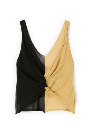 Top corto senza maniche stile avvolgente con scollo profondo a V, diviso verticalmente in tessuto nero e dorato, annodato al centro della vita.