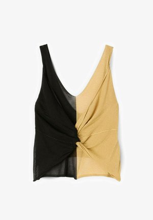 Crop top sans manches style cache-cœur avec un décolleté en V profond, divisé verticalement en tissu noir et or, noué au centre de la taille.