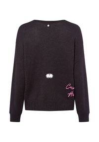 Schwarzer Strickpullover mit lockerem Sitz. Verfügt über einen Rundhalsausschnitt, lange Ärmel und dekorative weiße und pinke Stickereien auf der Rückseite.