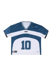 Maglietta sportiva a maniche corte blu e bianca con scollo a V, numero 10 stampato sul davanti e piccole toppe con logo vicino al colletto e all'orlo.