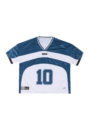 Blue and white short-sleeve sports jersey with V-neck, number 10 printed on front, and small logo patches near collar and hem.