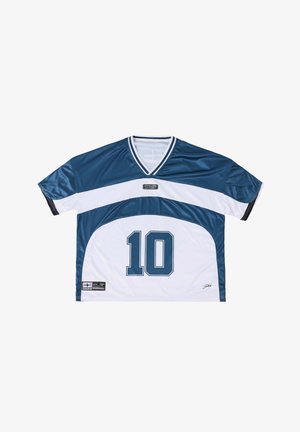 Blue and white short-sleeve sports jersey with V-neck, number 10 printed on front, and small logo patches near collar and hem.