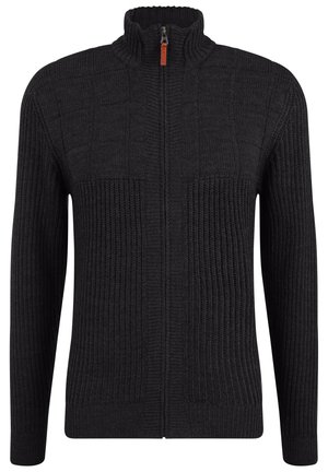 Sort zip-up sweatshirt med høj krave, teksturerede strikkemønstre og ribbede detaljer på ærmerne og kroppen. Lynlåstrækkeren har en orange detalje.