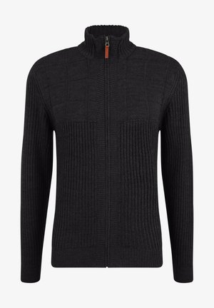 Zwarte ritssweater met een hoge kraag, gestructureerde breipatronen en ribbelaccenten op de mouwen en het lichaam. De ritssluiting heeft een oranje detail.