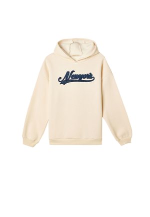 Sweatshirt à capuche couleur crème en tissu doux, arborant un logo "Newport" en bleu foncé dans une police cursive sur le devant.