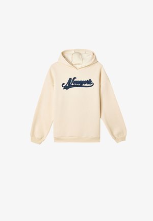 Sudadera con capucha color crema, hecha de una tela suave, que presenta un logo en cursiva de color azul oscuro que dice "Newport" en la parte frontal.