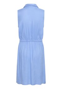 Abito senza maniche di colore azzurro chiaro con colletto, vita elastica e vestibilità comoda. Realizzato in un tessuto morbido con una superficie liscia.
