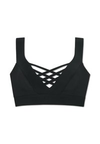Čierny športový podprsenka s hranatým výstrihom a širokými ramienkami. Výrazný krížový výrez v prednej časti pre ventiláciu a štýl.