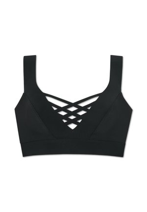 Soutien-gorge de sport noir avec un décolleté carré et des larges bretelles. Design avec des découpes croisées à l'avant pour la ventilation et le style.