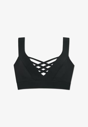 Schwarzer Sport-BH mit quadratischem Ausschnitt und breiten Trägern. Auffälliges Design mit überkreuzten Ausschnitten an der Vorderseite für Belüftung und Stil.