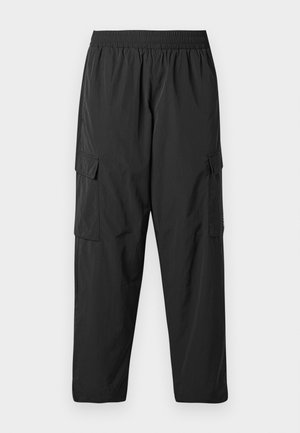 Black cargo pants made of lightweight fabric, featuring an elastic waistband, side cargo pockets, and a relaxed, straight-leg design.