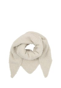 Sciarpa color crema con una superficie morbida e testurizzata, caratterizzata da un design a loop e estremità a punta. Il materiale sembra soffice e caldo.
