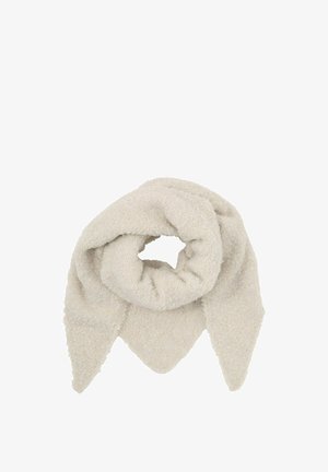 Crème-kleurige sjaal met een zachte, gestructureerde oppervlak, voorzien van een lusontwerp en puntige uiteinden. Het materiaal lijkt pluche en gezellig.