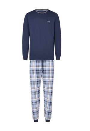 Navy long-sleeve shirt met een ronde hals; geruite blauw, wit en grijze pyjamabroek met elastische boorden en een trekkoord in de taille.