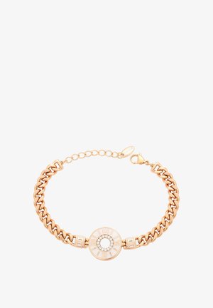 Brățară din lanț cu ton aurie, având un centru rotund cu un design circular texturat, accentuat de pietre clare strălucitoare și un închizător sigur.