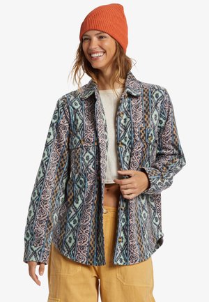 Plaid fleece shirt in blue, pink, and cream with two chest pockets and brown buttons, paired with an orange knit beanie.