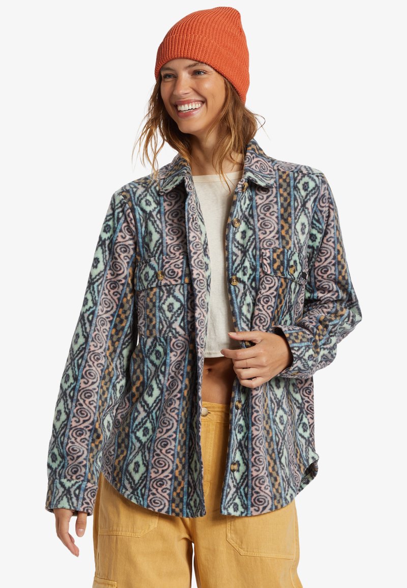 Plaid fleece shirt in blue, pink, and cream with two chest pockets and brown buttons, paired with an orange knit beanie.