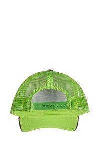 Grüne Netz-Trucker-Cap mit einem soliden grünen Schirm. Verfügt über einen verstellbaren Plastikverschluss hinten und einen gebogenen Visor.