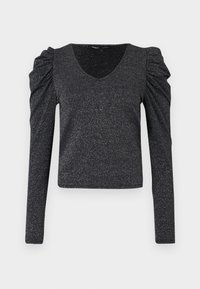 Long-sleeve black top with puffed shoulders, made of shimmering fabric. Features a deep V-neck and a fitted silhouette.