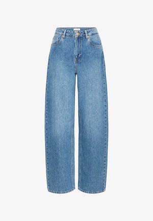 Világoskék, magas derekú egyenes szárú farmernadrág elülső zsebekkel, övbújtatókkal és gombos lezárással.