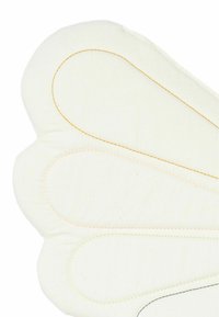 White fabric with a large, scalloped design featuring yellow, pink, and green stitching. The texture appears soft with a smooth finish.