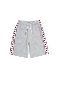 Pantalones cortos deportivos grises de fabricaciones suaves, con una cintura elástica con cordón, franjas laterales con logo y un corte a la rodilla.
