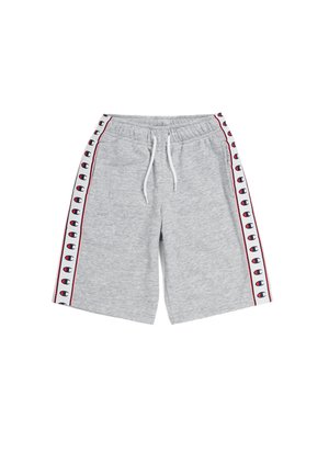 Pantalones cortos deportivos grises de fabricaciones suaves, con una cintura elástica con cordón, franjas laterales con logo y un corte a la rodilla.