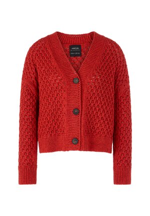 Red knitted cardigan with a v-neck, open stitch pattern, three black buttons, and ribbed cuffs and hem. Shorter cropped length.