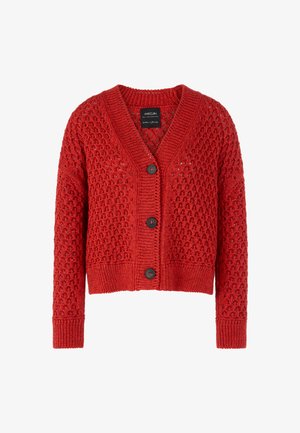 Red knitted cardigan with a v-neck, open stitch pattern, three black buttons, and ribbed cuffs and hem. Shorter cropped length.
