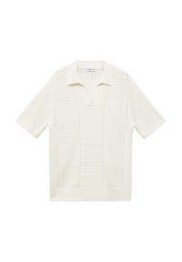 Polo a maniche corte in maglia color crema, caratterizzato da un motivo a quadri testurizzato, scollo a V e colletto. Realizzato in tessuto leggero e traspirante.