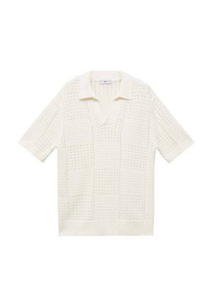 Knit short-sleeve polo in cream, featuring a textured check pattern, a V-neck, and a collar. Made from lightweight, breathable fabric.