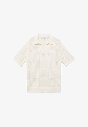Knit short-sleeve polo in cream, featuring a textured check pattern, a V-neck, and a collar. Made from lightweight, breathable fabric.
