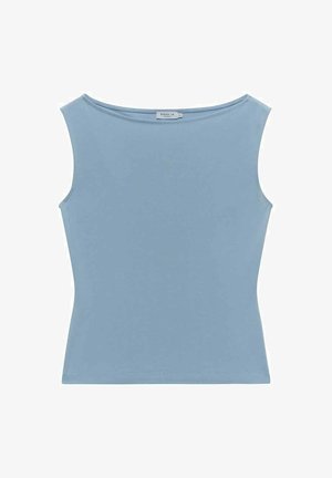 Light blue, sleeveless top with a rounded neckline, made from soft, stretchy fabric. Fitted silhouette with no embellishments or patterns.