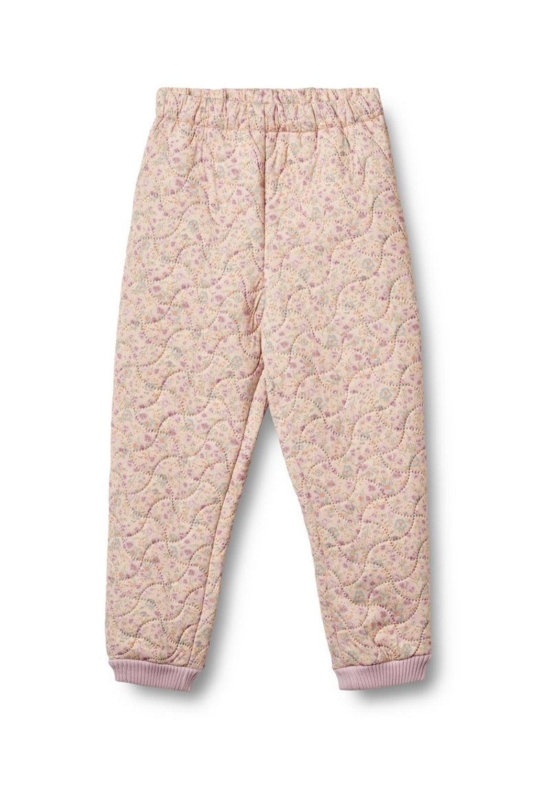 Pantalons roses matelassés avec un motif floral, taille élastique et poignets côtelés aux chevilles. Texture douce et coupe décontractée.